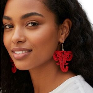 Red Elephant Statement Earrings Boho Tribal Dangle Drop Trunk Up